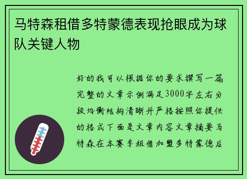 马特森租借多特蒙德表现抢眼成为球队关键人物