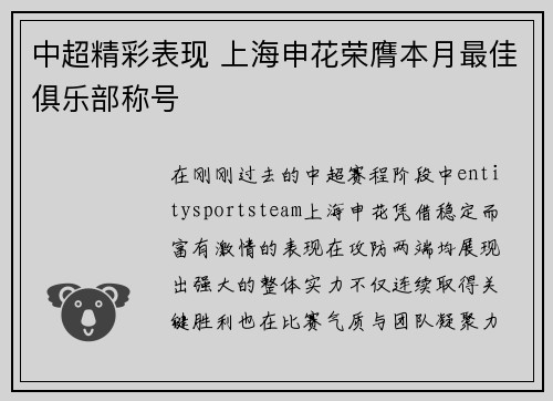 中超精彩表现 上海申花荣膺本月最佳俱乐部称号