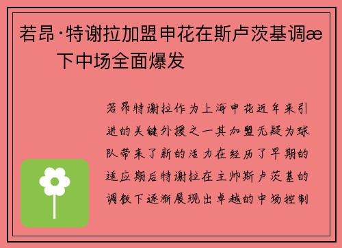 若昂·特谢拉加盟申花在斯卢茨基调教下中场全面爆发