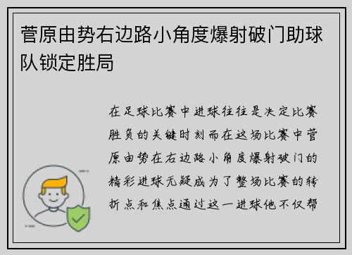 菅原由势右边路小角度爆射破门助球队锁定胜局