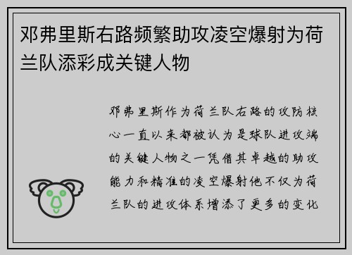 邓弗里斯右路频繁助攻凌空爆射为荷兰队添彩成关键人物 邓弗里斯右路频繁助攻凌空爆射为荷兰队添彩成关键人物